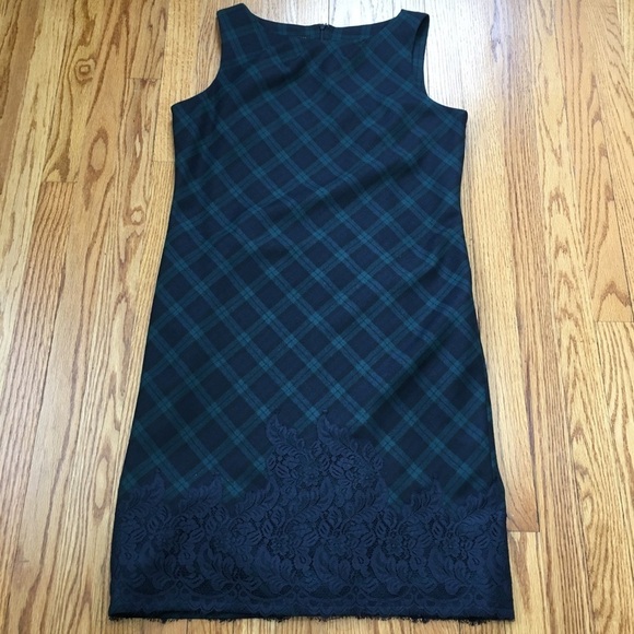Talbots Wool Blend Green & Blackwatch plaid lace hem sleeveless sheath dress 14 - Picture 11 of 16